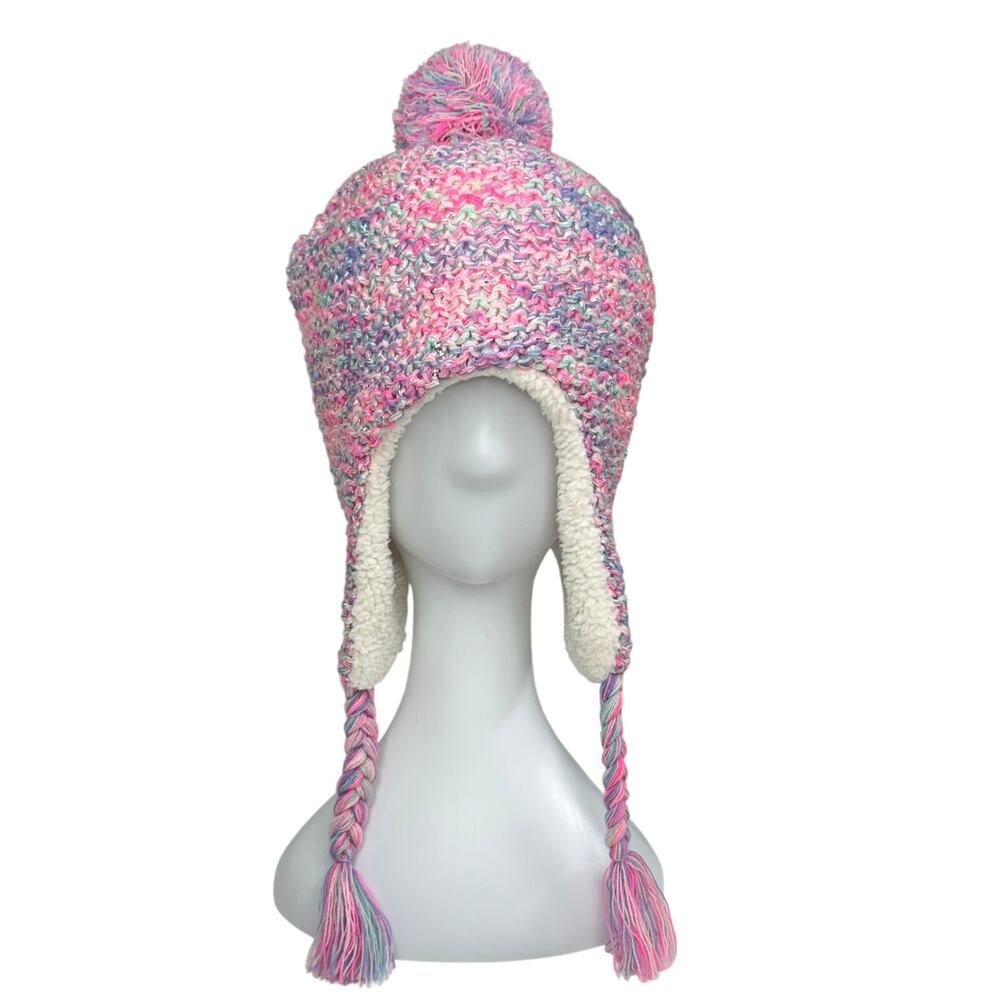 Capelli Girls Pink Pastel Sequin Embellished Knit Sherpa Toboggan Cap Hat 5-8 YO